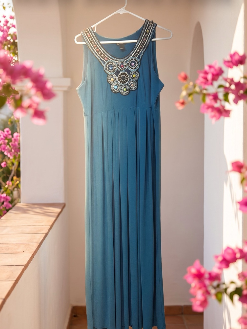 new directions Teal Maxi Dress with Beaded Embellished Yoke